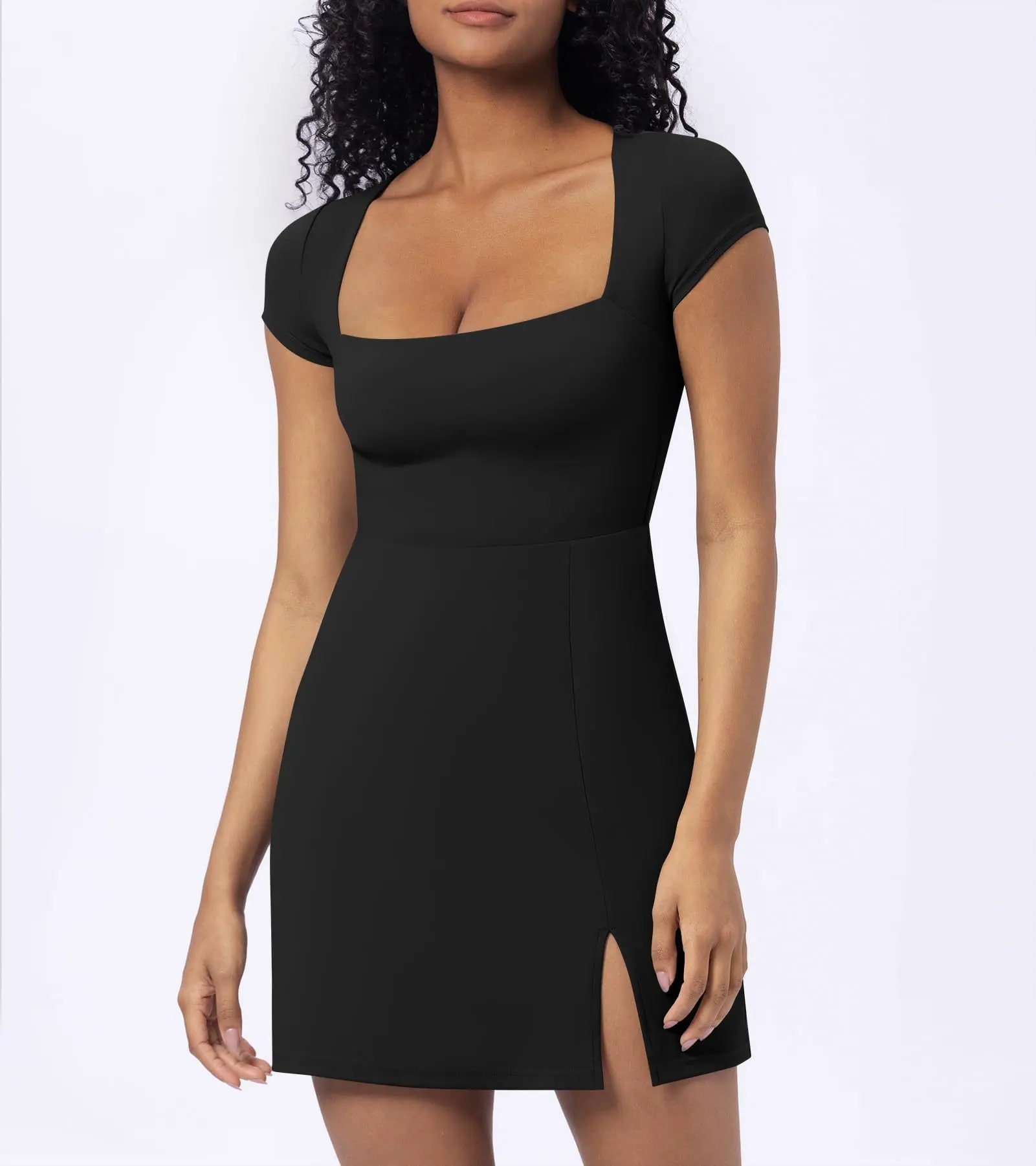 Side Slit Slimming A- Line Lady Slim Fit Square Collar Half Sleeve Dress