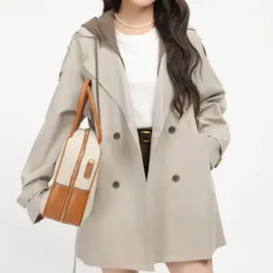French Hepburn Hooded Faux Two-Piece Trench Coat - Apricot/Cooffee