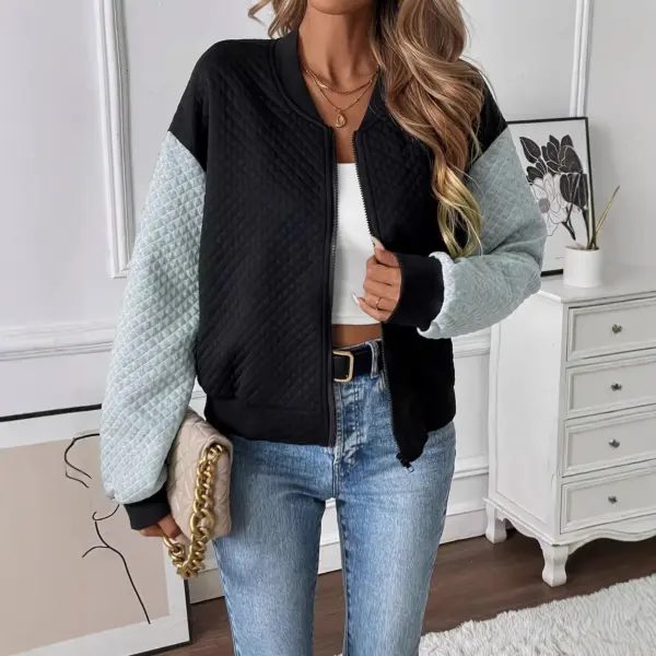 Women's Color Blocked Baseball Collar Casual Long Sleeved Zipper Jacket