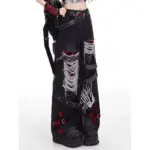 Distressed Ripped High-Waist Black Denim Jeans, Stretchless