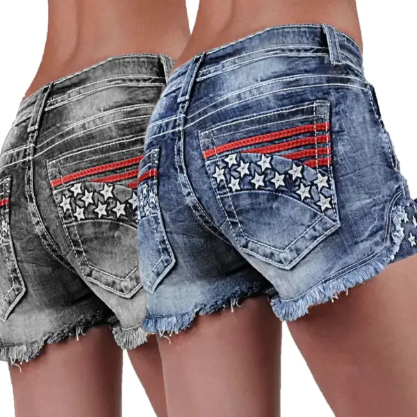 Stretchy Patchwork Embroidered Ripped Denim Shorts Stretchy Patchwork Embroidered Ripped Denim Shorts