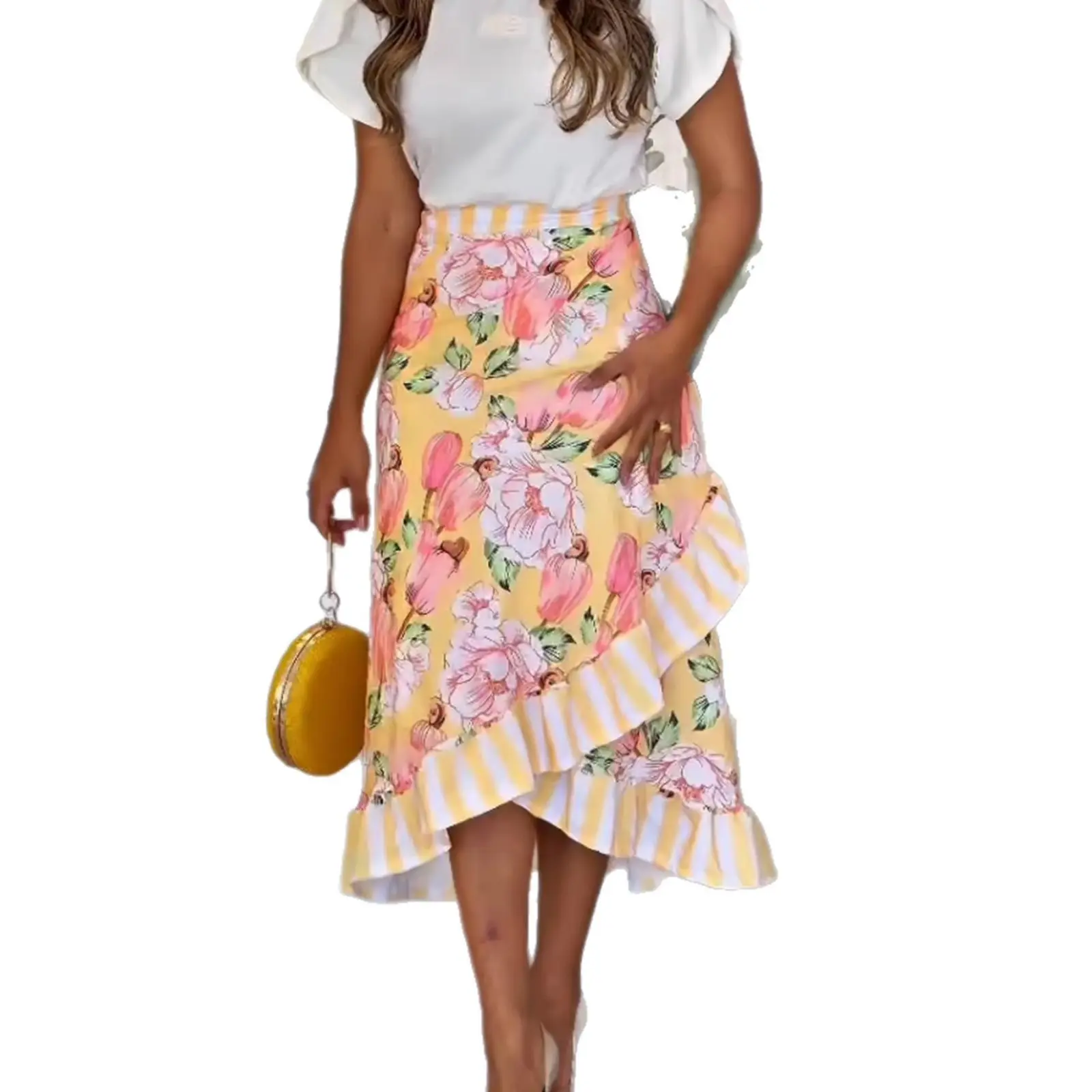 Yellow Asymmetrical Lace-Up Polyester Skirt for Women