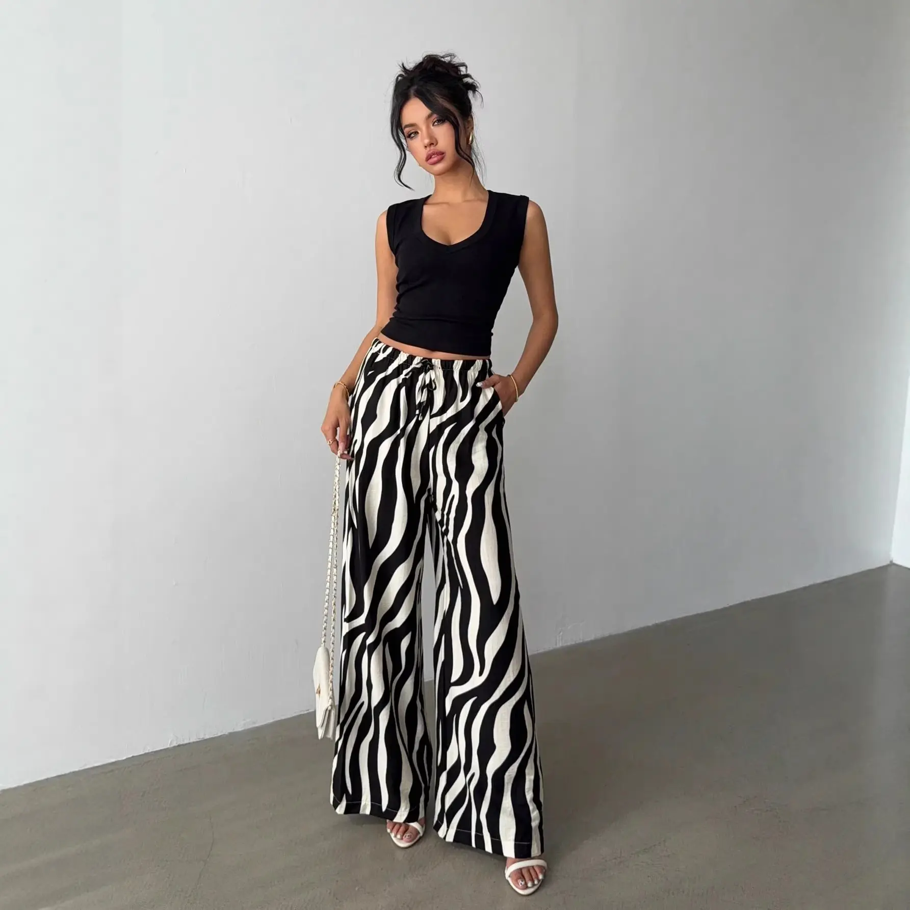Bold Black & White Printed Wide-Leg Pants for Women