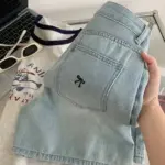 High-Waist Bow-Embroidered Blue Denim Shorts with Pockets