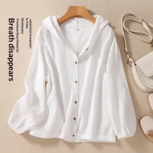 Breathable Cotton-Linen Hooded Cardigan Shirt for Plus-Size