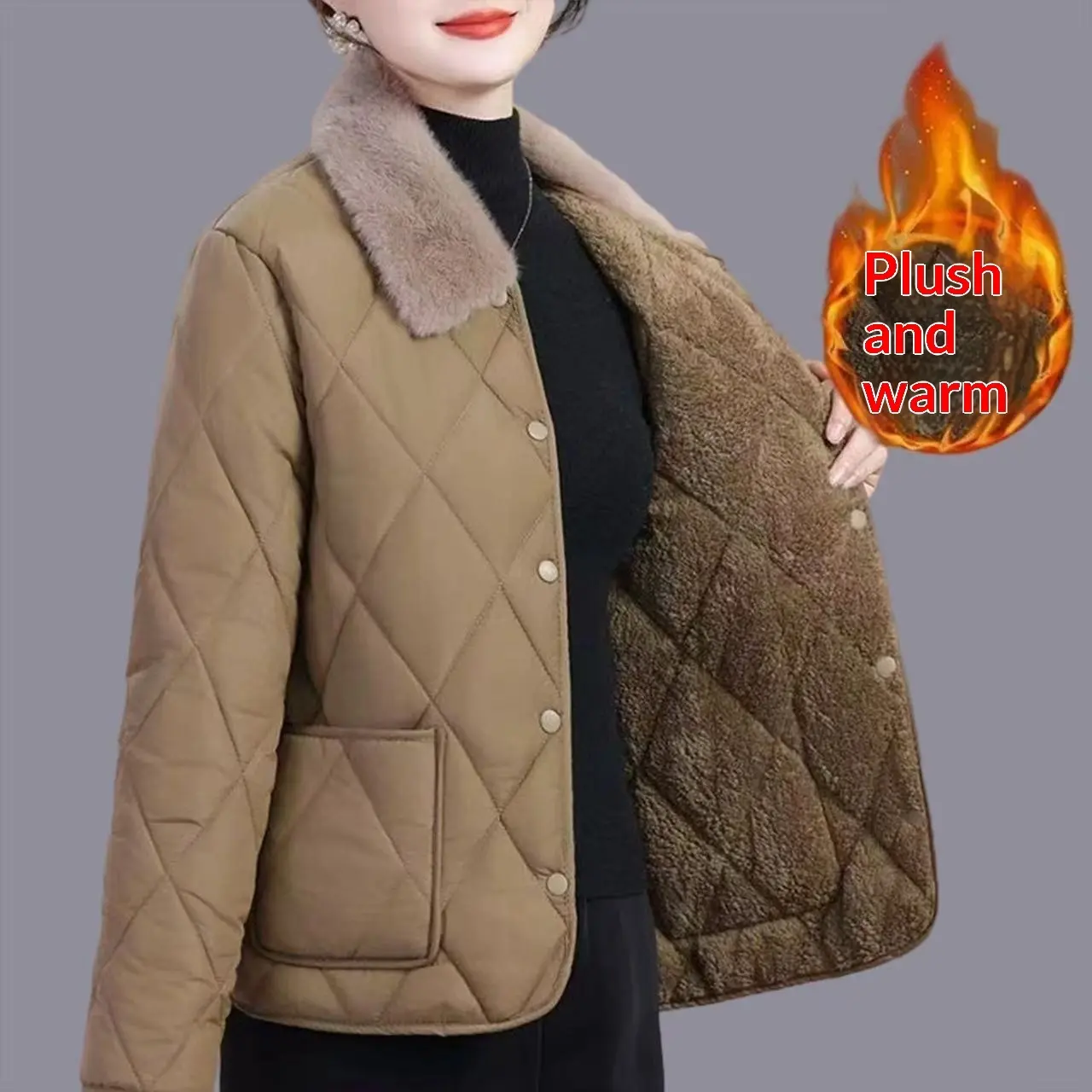 Warm Women’s Mid-Length Polyester Coat with Thick Fabric