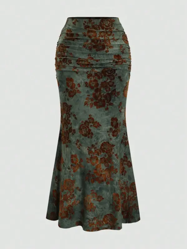 Tailored Fit Autumn Velvet Sheath Midi Skirt - Army Green