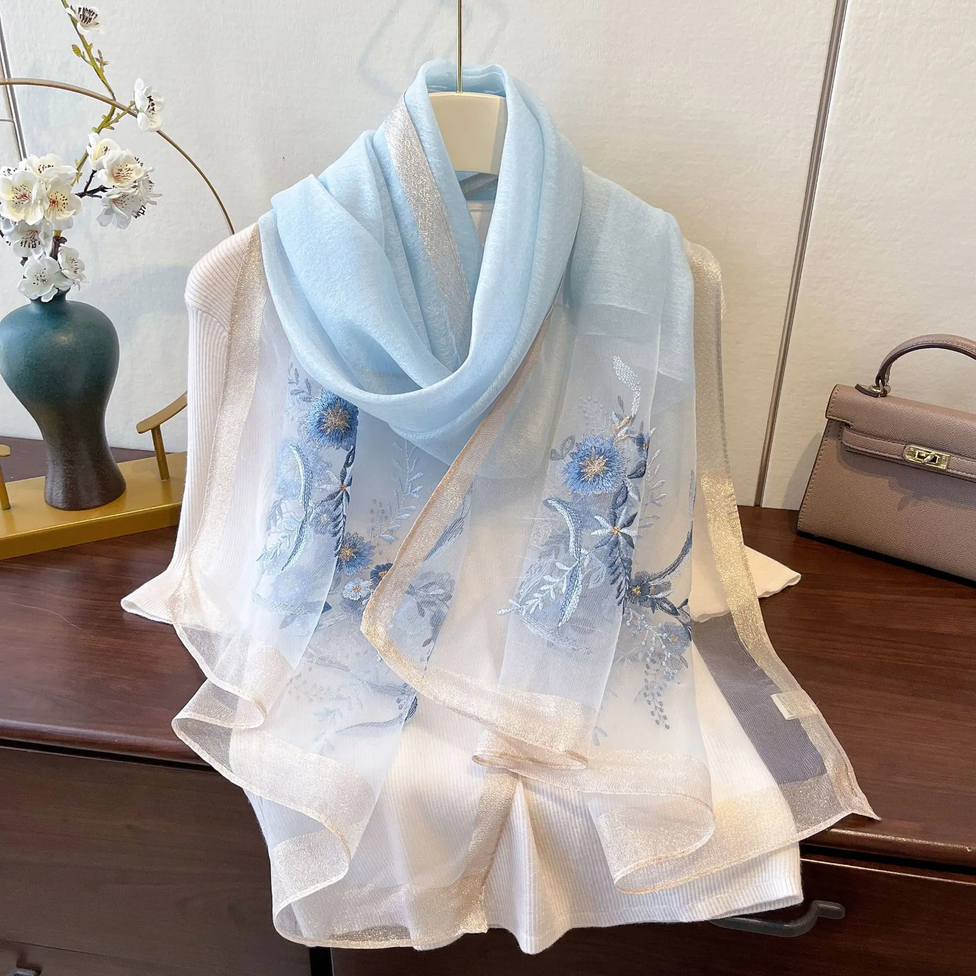 Embroidered Mulberry Silk Jacquard Long Wrap Scarf