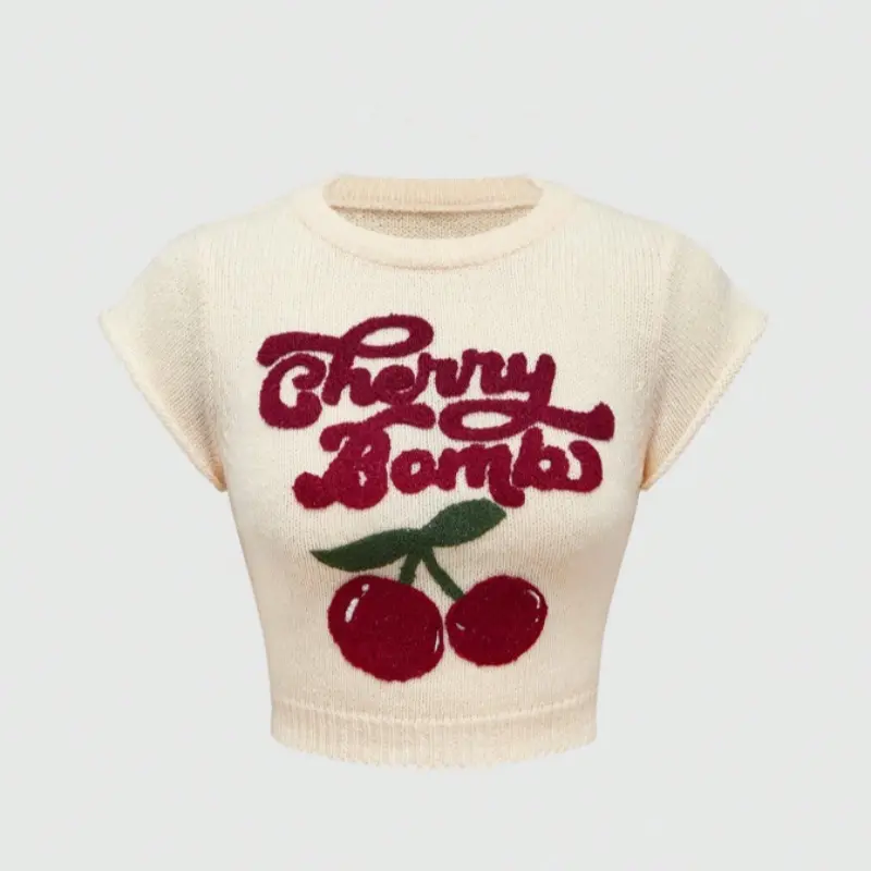 Cherry Knitted Sweater Crew Neck, Loose-fit Top Cherry Knitted Sweater Crew Neck, Loose-fit Top