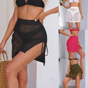 Womens Solid-Colored Hollow-Out Sheer Drawstring Slit Skirt