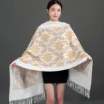 Embroidered Faux Cashmere Shawl Scarf with Tassels