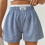 High-Waist Elastic Blue Buttoned Loose Shorts for Women
