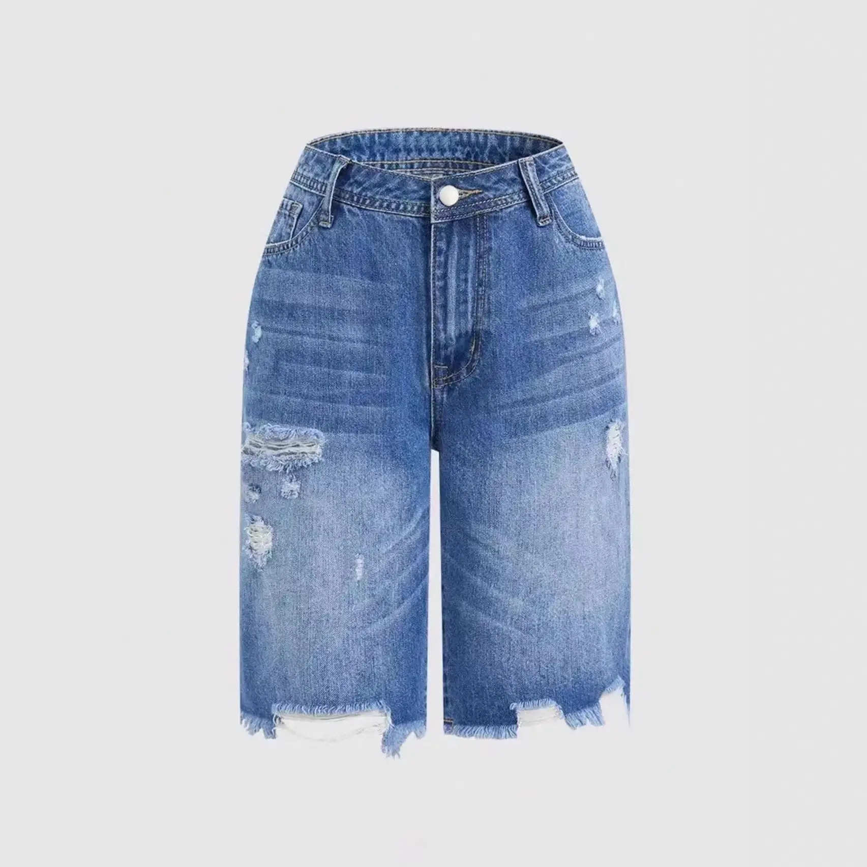 Casual Mid-Length Ripped Denim Shorts Casual Mid-Length Ripped Denim Shorts