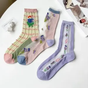 Breathable Garden Party Flower Socks Academic Sweet Glass Socks For Women