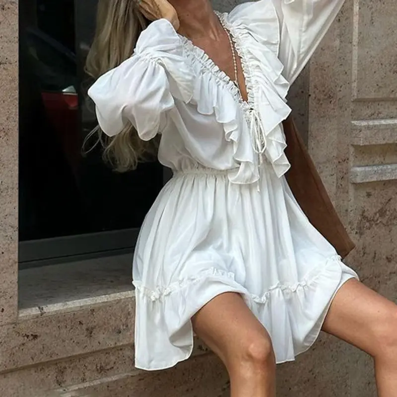 Elegant High-Waist Pleated Deep V-Neck Bell Sleeve Dress