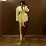 Solid-color Wide-shoulder Lace-up Waist-defined Long-sleeve Blazer