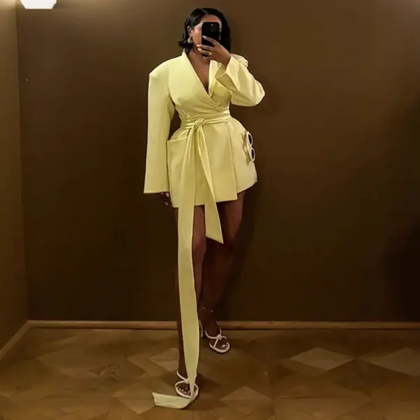 Solid-color Wide-shoulder Lace-up Waist-defined Long-sleeve Blazer