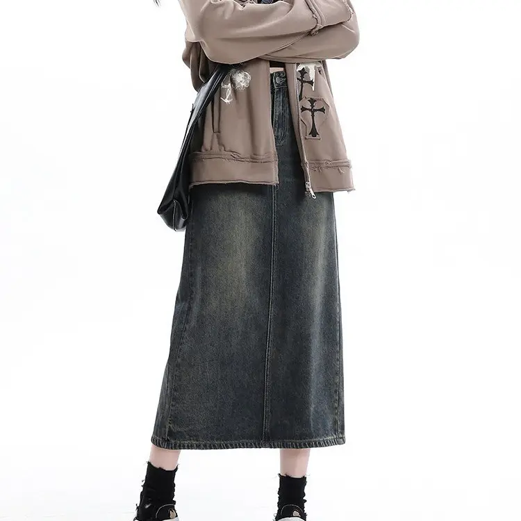 High-Waisted A-Line Denim Skirt for Retro Korean Style
