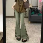 Stretchy Retro Green Wide-Leg Denim Pants for Women