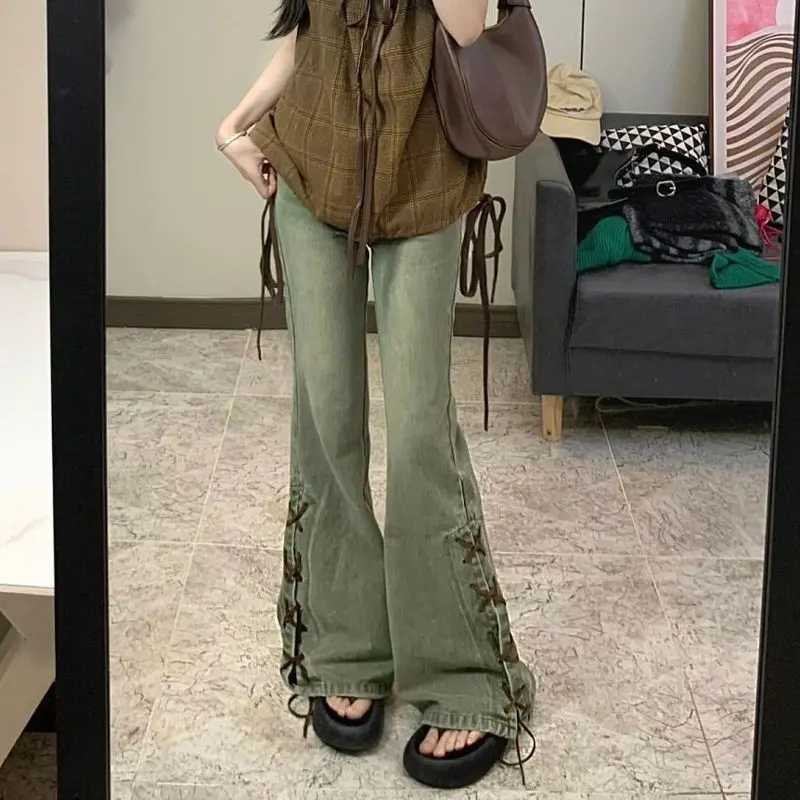 Stretchy Retro Green Wide-Leg Denim Pants for Women