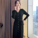 Comfort Fit V-Neck Knitted Dress with Long Sleeves