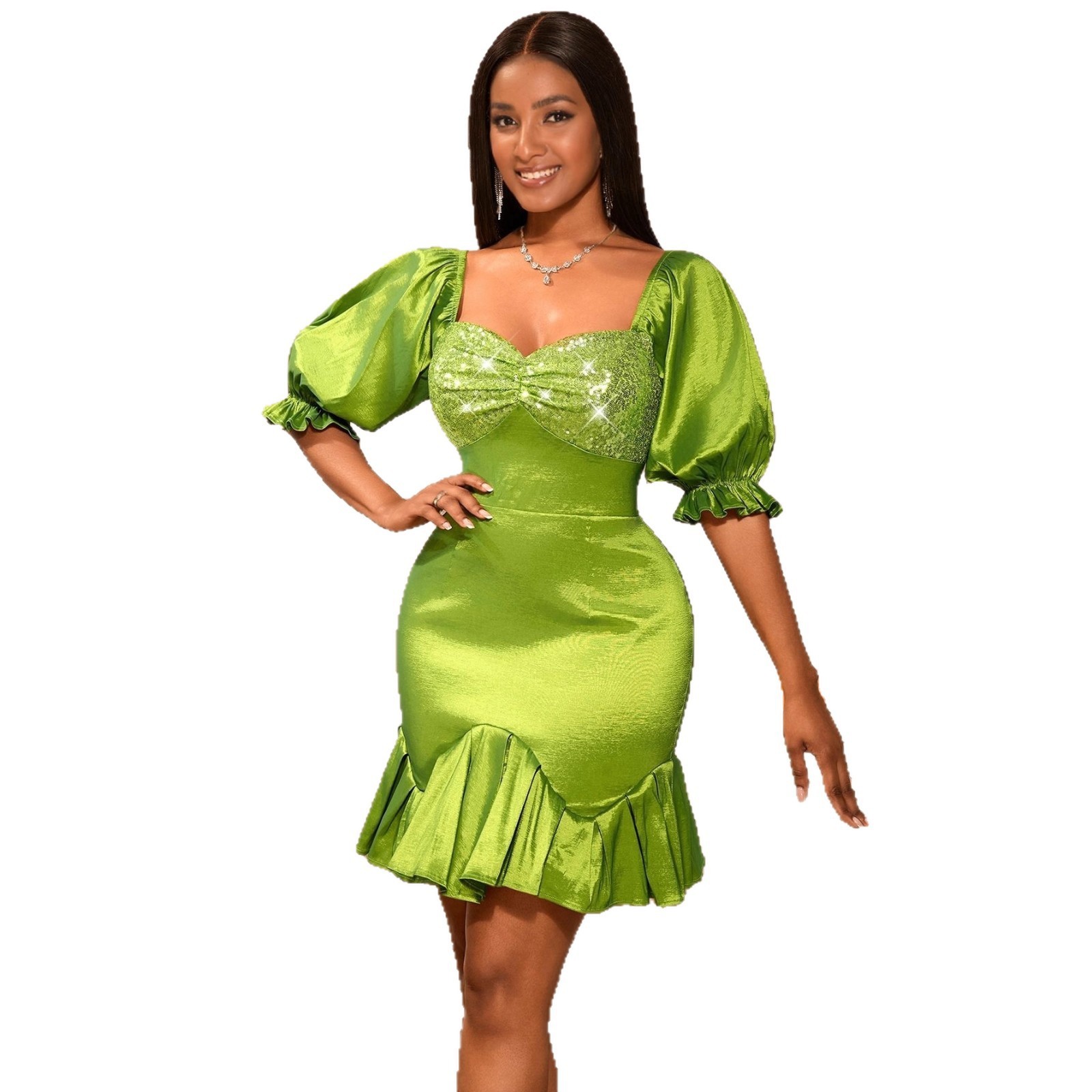 Sequin Stitching Ruffled Banquet Sheath Evening Dress Sequin Stitching Ruffled Banquet Sheath Evening Dress