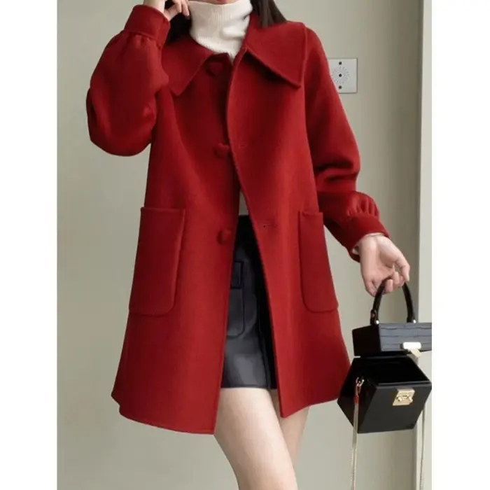 Womens Geometric Wool Coat with Doll Neck Patchwork