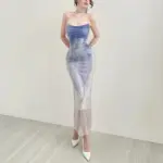 Sweet Temperament Adult Lady Like Woman Slim Fit Gradient Printing Mesh Camisole Dress