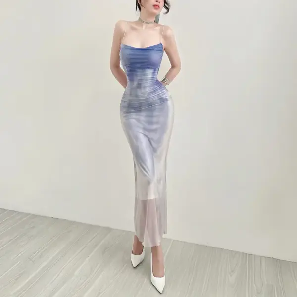 Sweet Temperament Adult Lady Like Woman Slim Fit Gradient Printing Mesh Camisole Dress