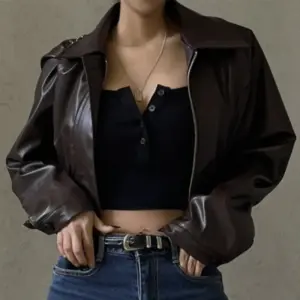Retro Brown PU Leather Zipper Jacket for Women, Slim Fit