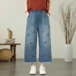Butterfly Embroidered Loose-Fit Cotton Denim Jeans for Women