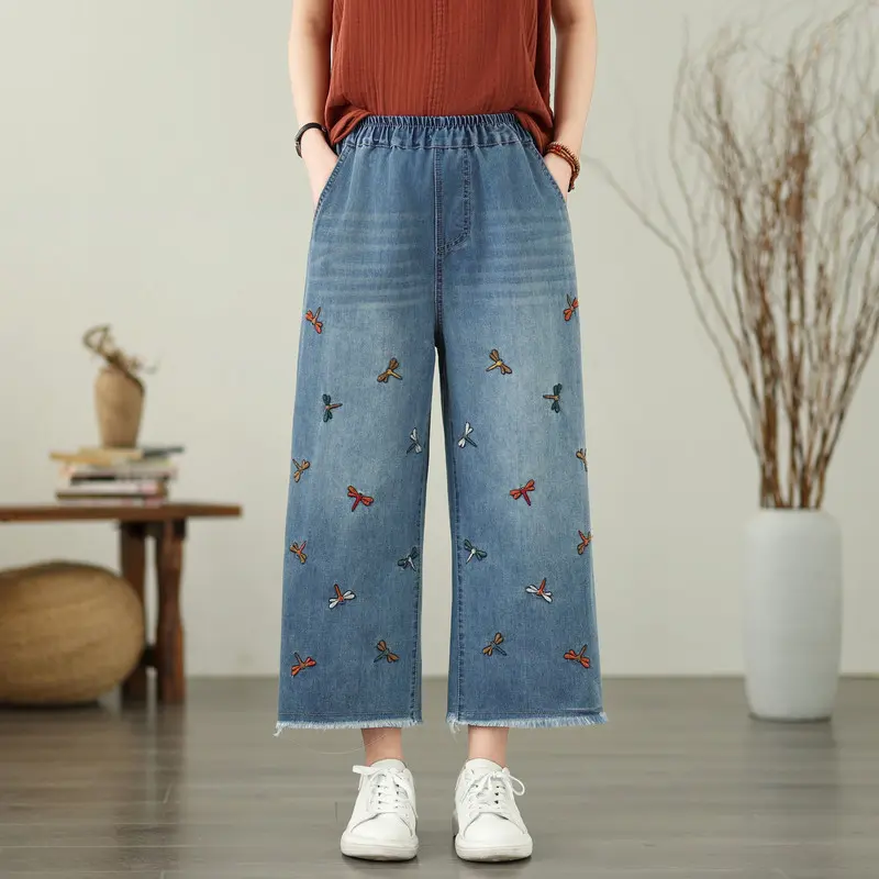 Butterfly Embroidered Loose-Fit Cotton Denim Jeans for Women