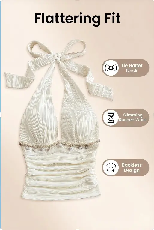 Women's Summer Fashion Beach Vacation Starfish Shell Ribbon Decorative Knitted Texture Fabric Halter Neck Strap Top