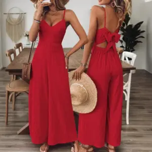 Flattering Back Bow Sleeveless Casual Jumpsuit - Wide Leg