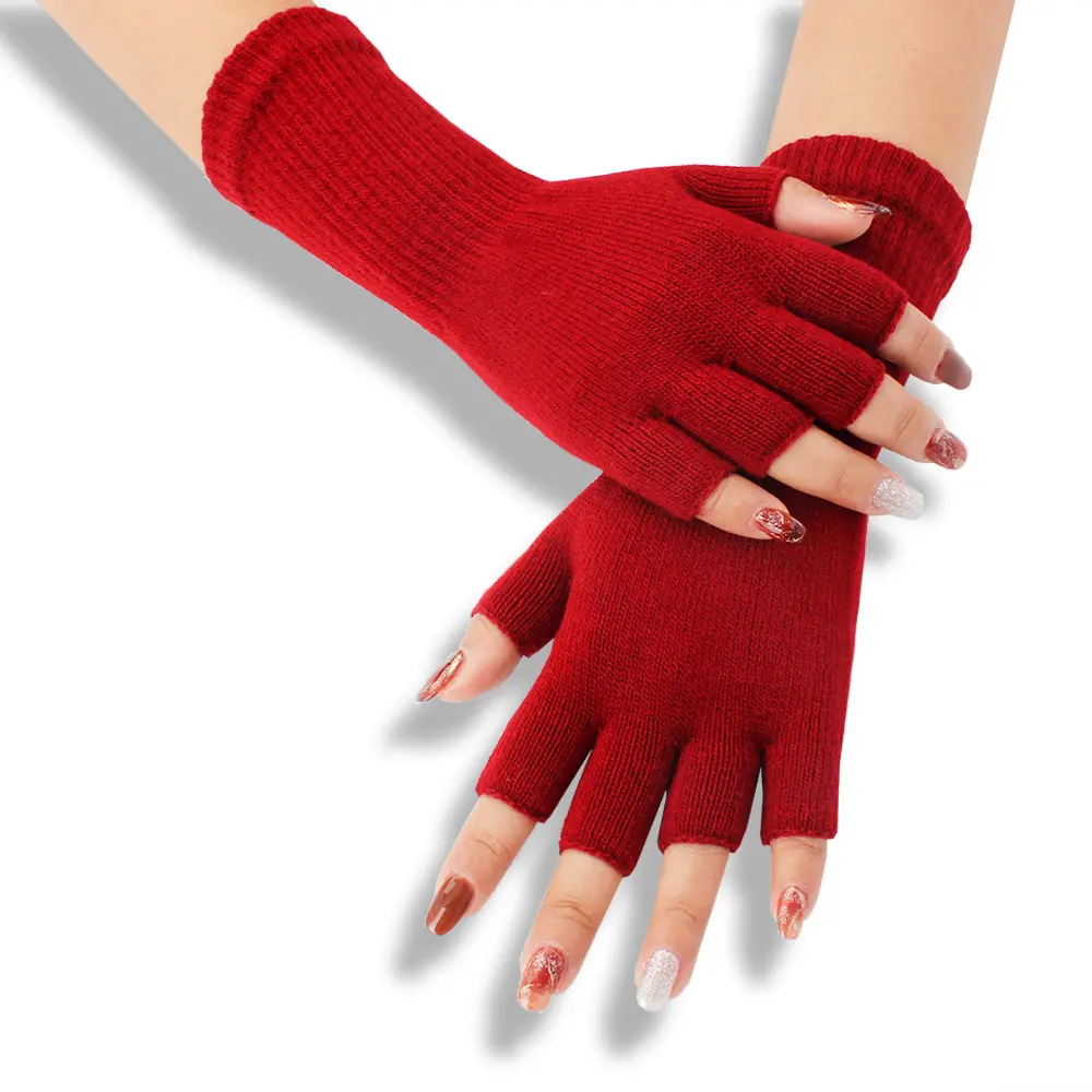 Warm Ribbed Half Finger Acrylic Thermal Gloves, Long Sleeve