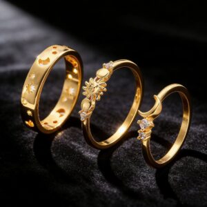 Zirconia Star and Moon Ring for Unisex - Electroplated Gold Tone