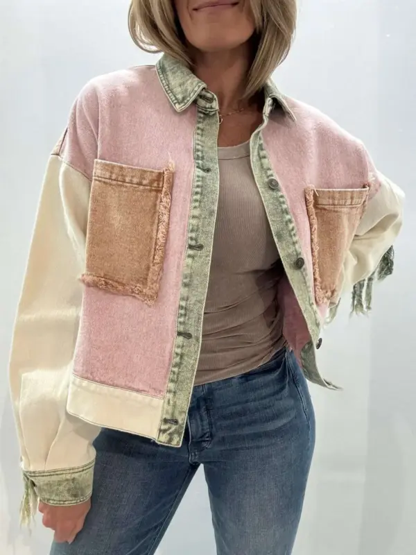 Washed Contrast-Color Fringe Raw-Edge Work Jacket for Women