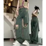 6baf33e9-2a7f-4769-8042-ab4a086f87aa.webp Bold Dark Green Wide-Leg Torn Denim Jeans, High Waist