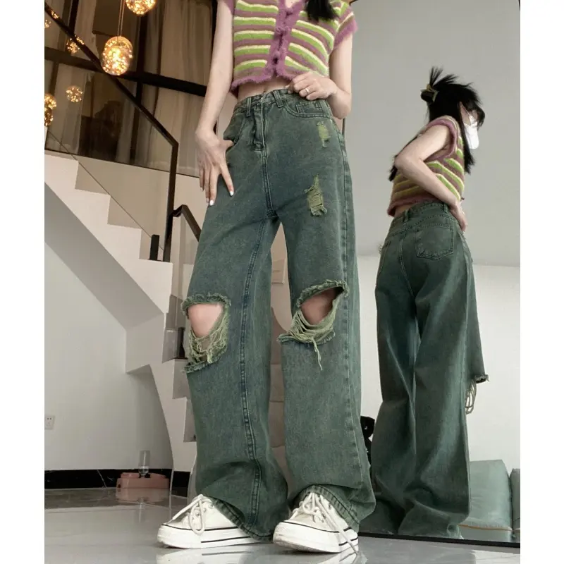 Bold Dark Green Wide-Leg Torn Denim Jeans, High Waist Bold Dark Green Wide-Leg Torn Denim Jeans, High Waist