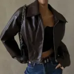 Retro Brown PU Leather Zipper Jacket for Women, Slim Fit