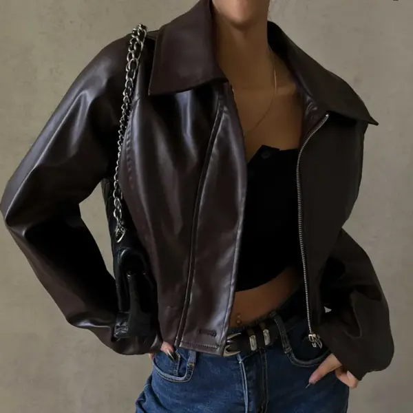 Retro Brown PU Leather Zipper Jacket for Women, Slim Fit