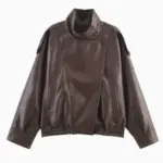 Women’s Faux Leather Jacket Stand-Up Collar Pockets