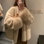 Effortless Draped Beige Apricot Loose-Fit Women’s Coat