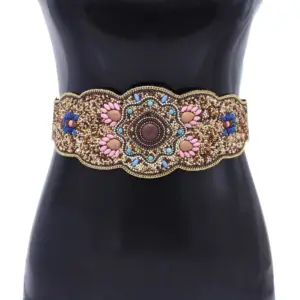 Elastic Waistband Faux Leather Belt, Turquoise Beaded Style