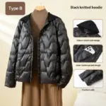 Warm White Duck Down Womens Cropped Beanie Jacket - Loose Fit V-Neck