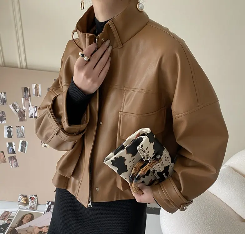 Brown Women’s Faux Leather Jacket Stand-Up Collar Brown Women’s Faux Leather Jacket Stand-Up Collar