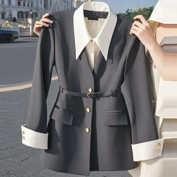 Womens Waist-Cinching Black Fake Two-Piece Blazer