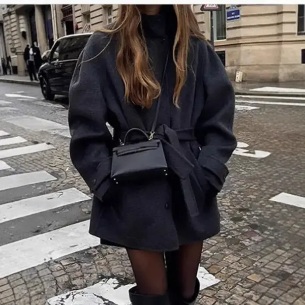 Womens Wool Coat With Belt Mock Neck And Solid Color Womens Wool Coat With Belt Mock Neck And Solid Color