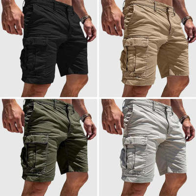Men’s Cotton-Blend Cargo Shorts Multi-Pocket Button & Zipper