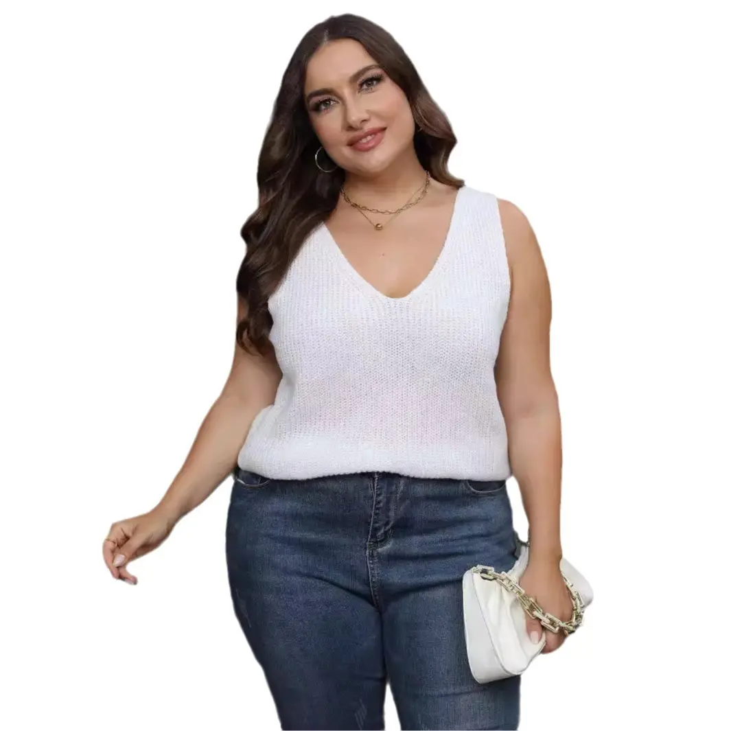 Loose-Fit V-Neck Sleeveless Knitted Base Sweater Top for Women